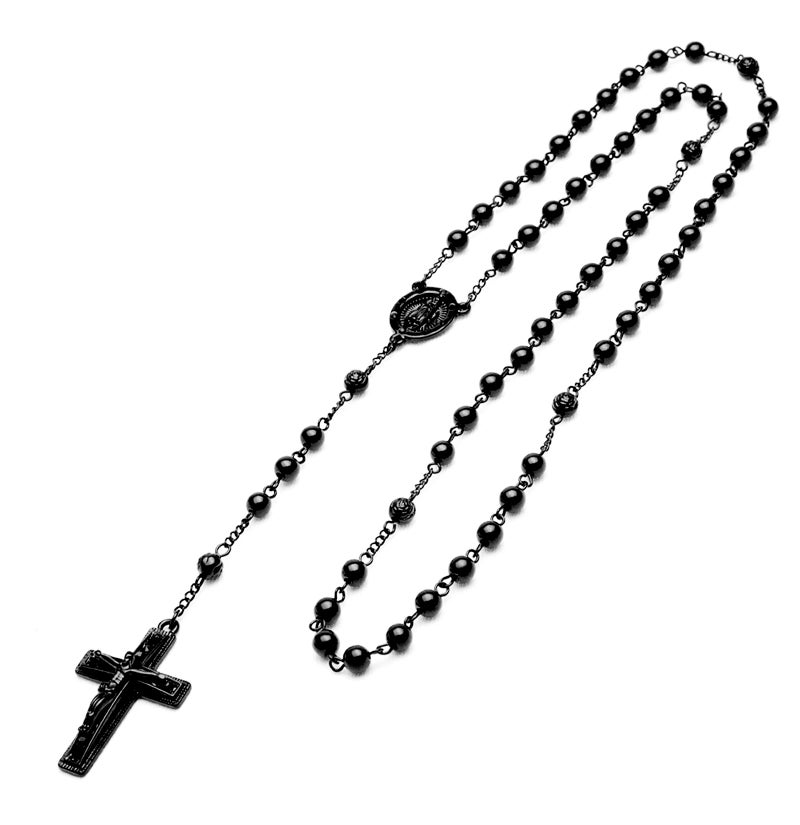 METALTREE98 metaltree98 2 PCS Rosary 6 mm Black Bead Guadalupe & Jesus Cross 28" Necklace HR 600 BK  - Image 2