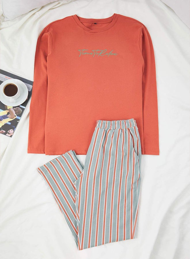 trendyol Kiremit Regular Striped Knitted Pajama Set - Image 1