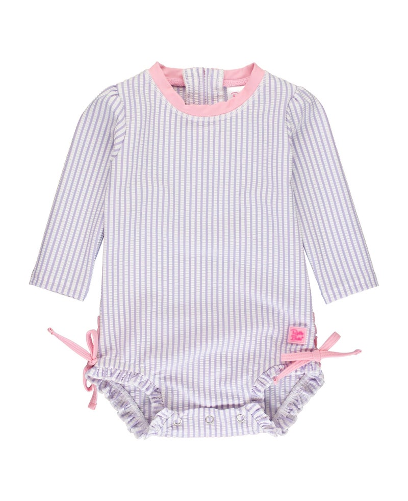 RuffleButts Baby-Girls Seersucker Long Sleeve Rash Guard - One Piece Swimsuit UPF 50+ Toddler - Image 1