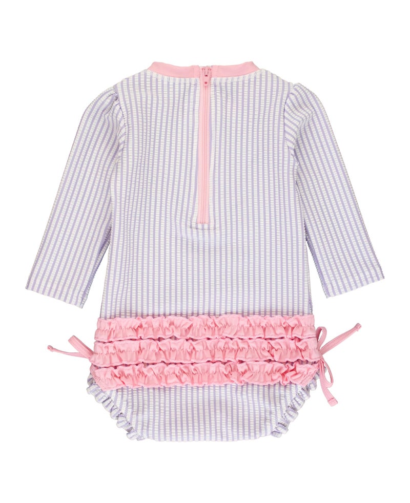 RuffleButts Baby-Girls Seersucker Long Sleeve Rash Guard - One Piece Swimsuit UPF 50+ Toddler - Image 3
