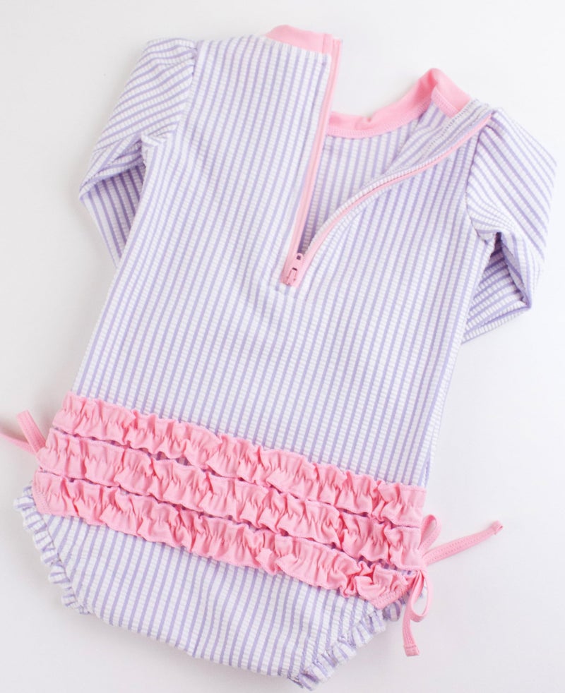 RuffleButts Baby-Girls Seersucker Long Sleeve Rash Guard - One Piece Swimsuit UPF 50+ Toddler - Image 5
