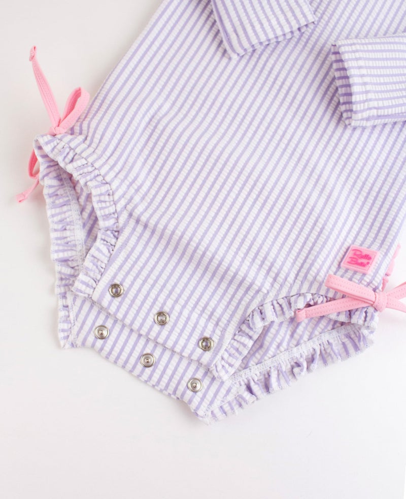RuffleButts Baby-Girls Seersucker Long Sleeve Rash Guard - One Piece Swimsuit UPF 50+ Toddler - Image 4