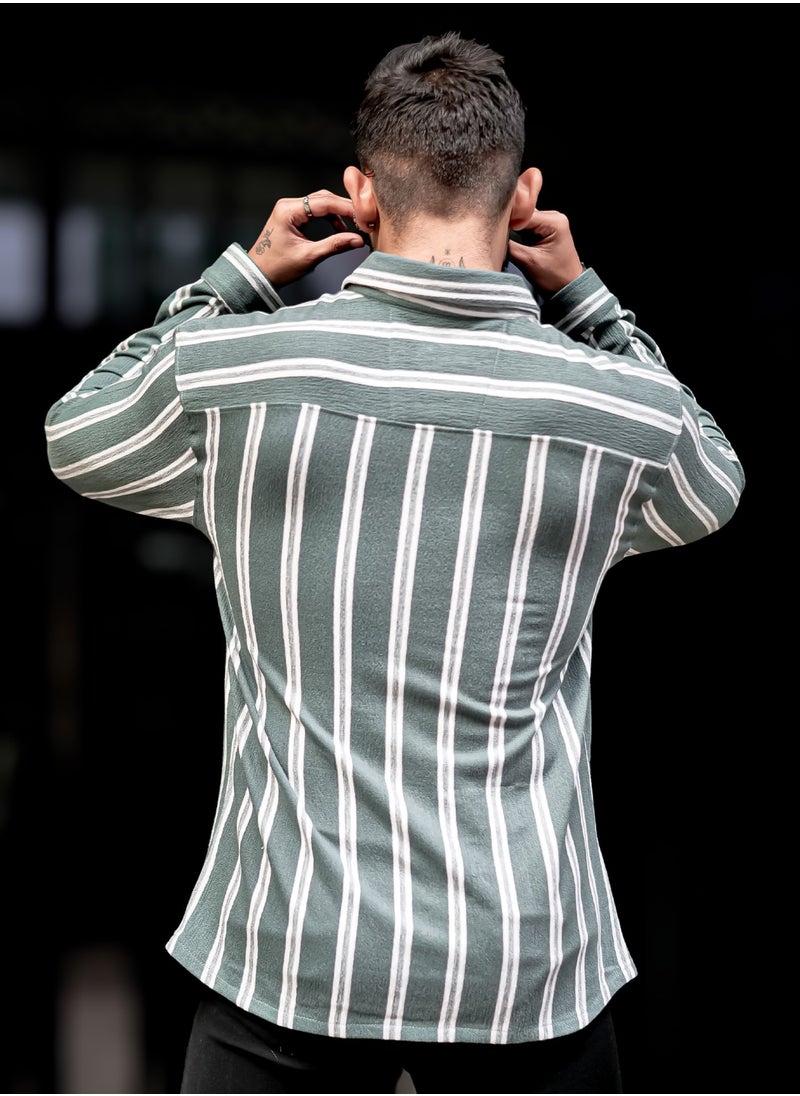 Maniac Maniac Mens Vertical Stripes Full Sleeve Terry Fabric Green Slim Fit Shirt  - Image 4