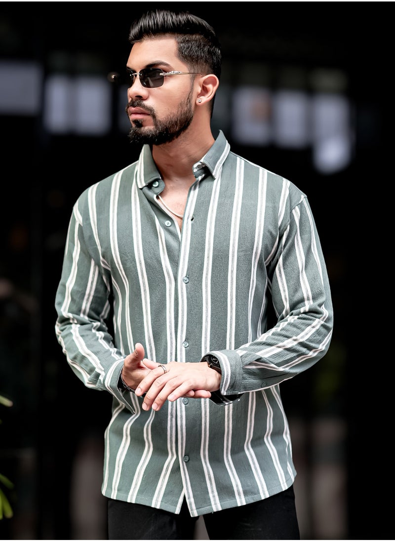 Maniac Maniac Mens Vertical Stripes Full Sleeve Terry Fabric Green Slim Fit Shirt  - Image 2