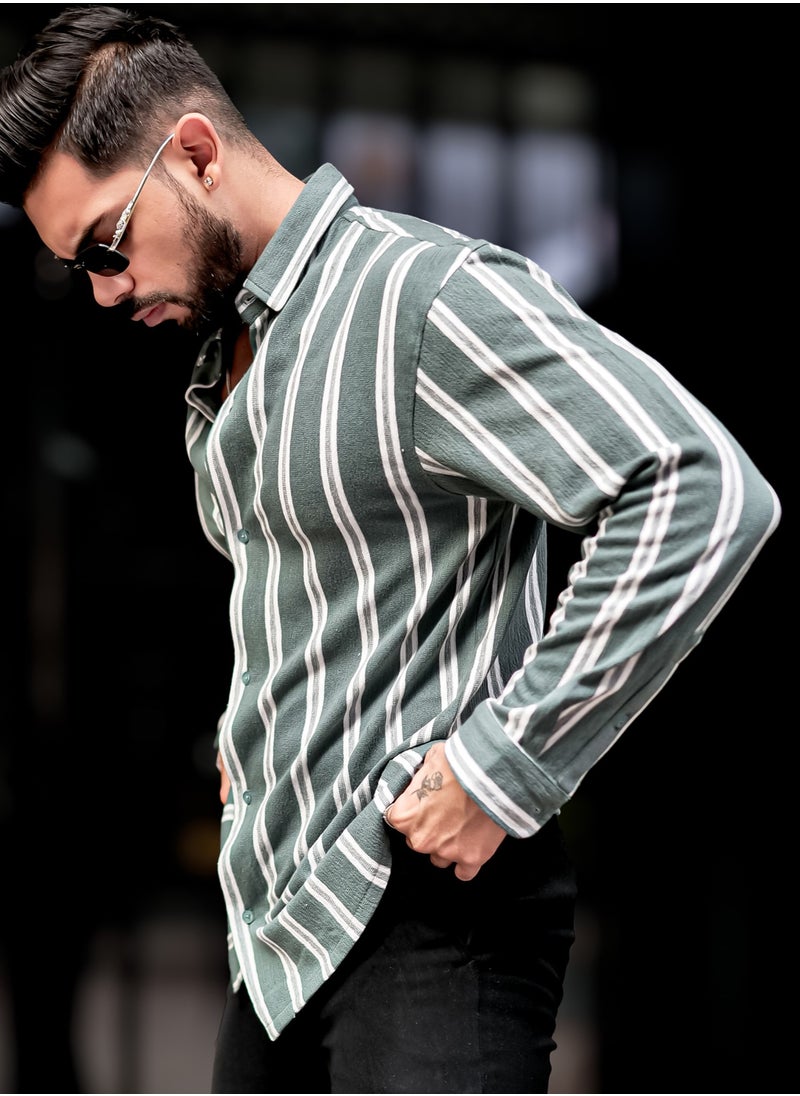 Maniac Maniac Mens Vertical Stripes Full Sleeve Terry Fabric Green Slim Fit Shirt  - Image 3