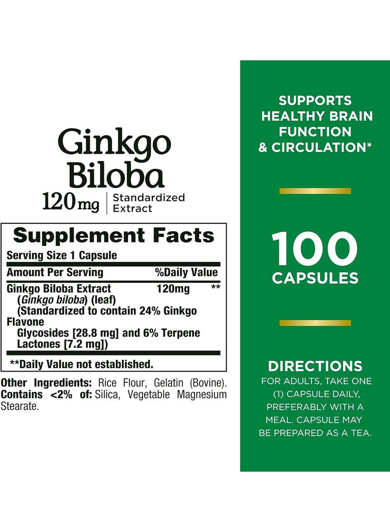 Ginkgo Biloba Memory Support Supplement, Supports Brain Function 120mg 100 Capsules
