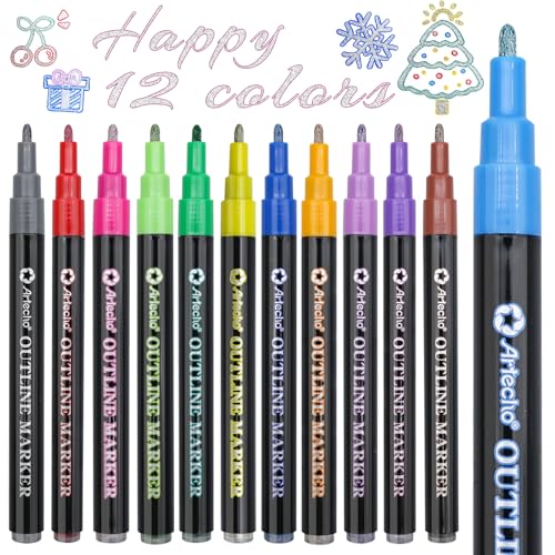 Artecho 12 Colors SelfOutline Metallic Markers Professional Double Line Shimmer Pens for Adult Coloring Calligraphy Illustration ArtistGrade DIY Crafts - Image 1