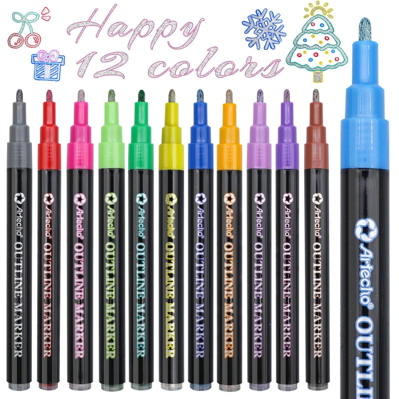 Artecho 12 Colors SelfOutline Metallic Markers Professional Double Line Shimmer Pens for Adult Coloring Calligraphy Illustration ArtistGrade DIY Crafts - Image 3