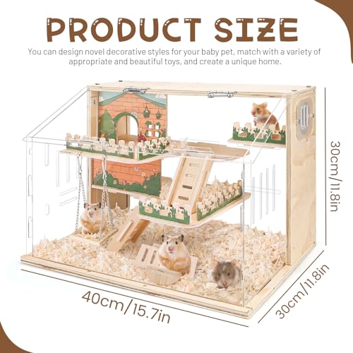 Quxddy Wooden Hamster Cage Large, 16-Inch 3-Layer Acrylic Hamster Cage, Small Animal Cages with Platform and Playpen for Direct Observation, Pet Supplies - Image 2