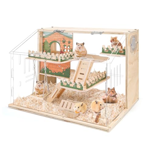 Quxddy Wooden Hamster Cage Large, 16-Inch 3-Layer Acrylic Hamster Cage, Small Animal Cages with Platform and Playpen for Direct Observation, Pet Supplies - Image 1