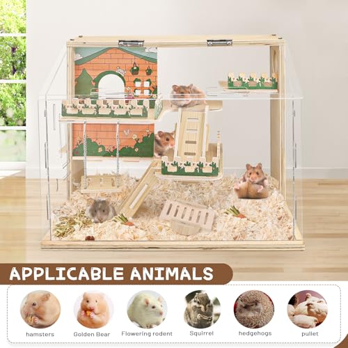 Quxddy Wooden Hamster Cage Large, 16-Inch 3-Layer Acrylic Hamster Cage, Small Animal Cages with Platform and Playpen for Direct Observation, Pet Supplies - Image 5