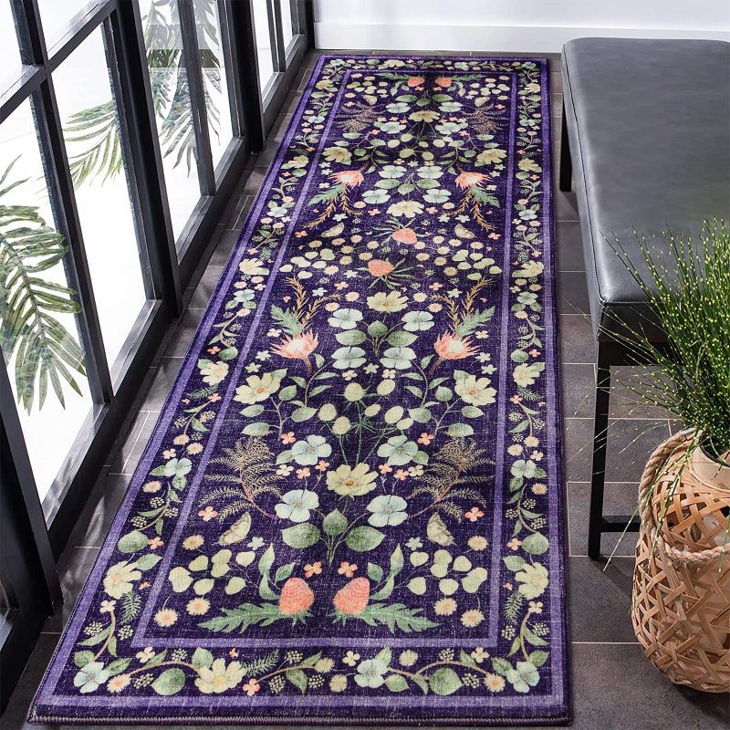 Rtizon Runner Rug, 2x6 Washable Runners for Hallways, Non-Slip Purple Area Rugs for Bedroom Office Entryway Kitchen, Vintage Floral Low Pile Rug Living Room,Purple and Blue - Image 1