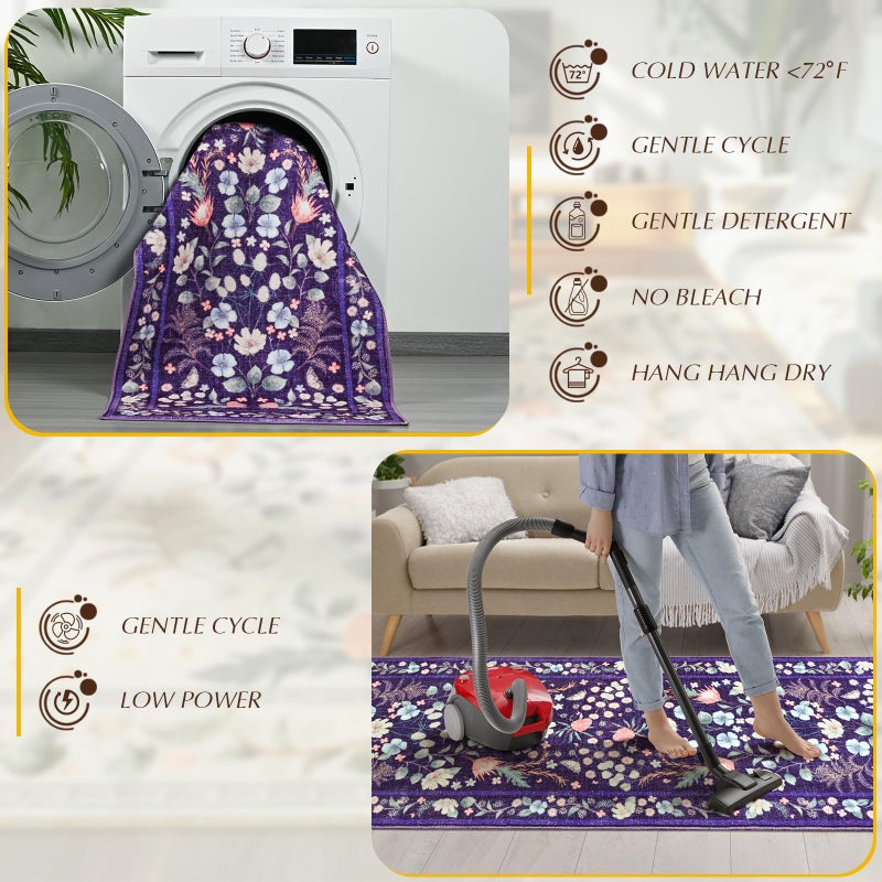 Rtizon Runner Rug, 2x6 Washable Runners for Hallways, Non-Slip Purple Area Rugs for Bedroom Office Entryway Kitchen, Vintage Floral Low Pile Rug Living Room,Purple and Blue - Image 3