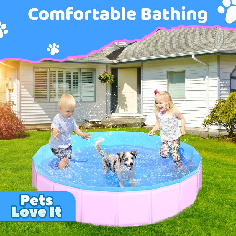 CACSPS 2025 Updated Foldable Dog Pool, 97" x 12" Kiddie Pool with Hard Plastic, Non-Slip Dog Bath Tub for Outdoor Backyard, Collapsible Dog Swimming Pool for Kids Dogs Pets (Pink) - Image 3