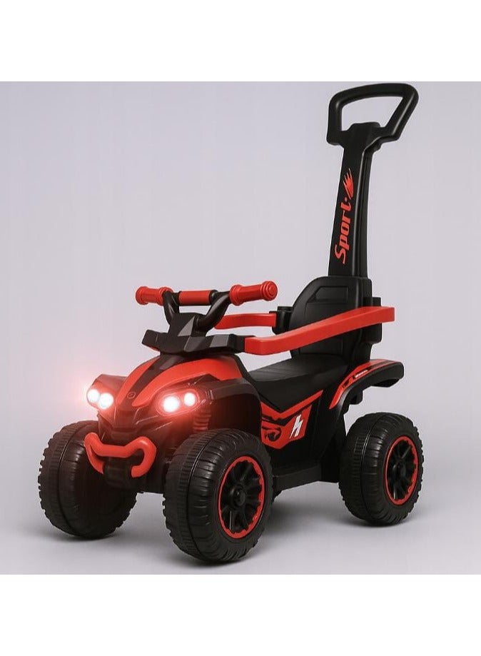 4-in-1 Kids Ride-On Push Car with Handle – Sporty ATV Style Stroller, Safety Guardrail, Footrest, and Storage – Red & Black - Image 1