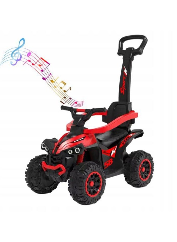 4-in-1 Kids Ride-On Push Car with Handle – Sporty ATV Style Stroller, Safety Guardrail, Footrest, and Storage – Red & Black - Image 2