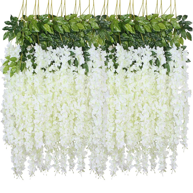 WEISPARK Fake Hanging Flowers  12 Pieces 375 FeetPiece Artificial Wisteria Vine Ratta Hanging Garland Silk Flowers for Home Party Wedding Decor White
