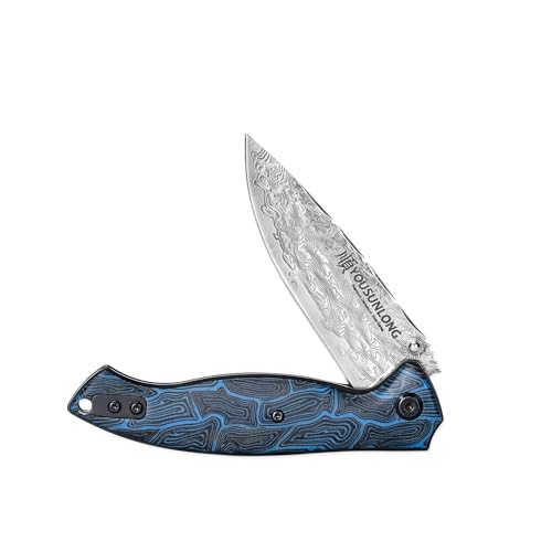 YOUSUNLONG Folding Knife - Hammered Damascus Steel Blade - Blue Damascus texture G10 Cover - Image 1