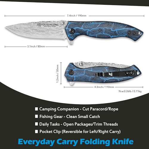 YOUSUNLONG Folding Knife - Hammered Damascus Steel Blade - Blue Damascus texture G10 Cover - Image 2