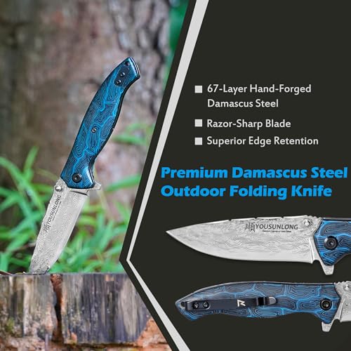 YOUSUNLONG Folding Knife - Hammered Damascus Steel Blade - Blue Damascus texture G10 Cover - Image 3