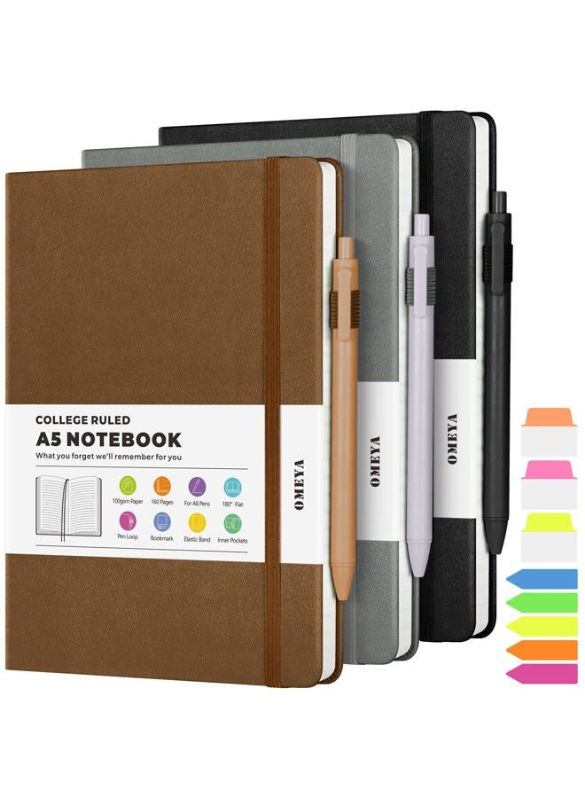 OMEYA Lined Jounral Notebook, 3 Pack A5 College Ruled Notebooks for Work, Hardcover Notebook Each with 2 Pockets & Pen, Leather Journal for Women, Men, 160 Pages, 100GSM Thick Paper ( Black 5.7" x 8.3" ) - Image 1