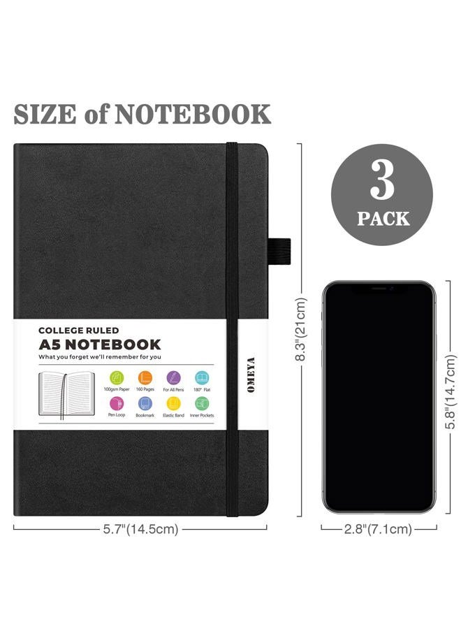OMEYA Lined Jounral Notebook, 3 Pack A5 College Ruled Notebooks for Work, Hardcover Notebook Each with 2 Pockets & Pen, Leather Journal for Women, Men, 160 Pages, 100GSM Thick Paper ( Black 5.7" x 8.3" ) - Image 5