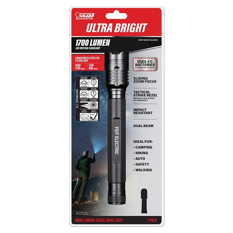 Feit Electric LED Tactical Flashlight - Aluminum Alloy - Zoomable Strike Bezel; Illuminate up to 1,000 feet - Adjustable Brightness 600 to 1700 Lumen | Requires 4-C Batteries - Image 1