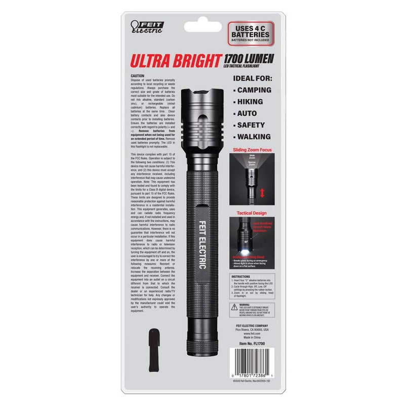 Feit Electric LED Tactical Flashlight - Aluminum Alloy - Zoomable Strike Bezel; Illuminate up to 1,000 feet - Adjustable Brightness 600 to 1700 Lumen | Requires 4-C Batteries - Image 3