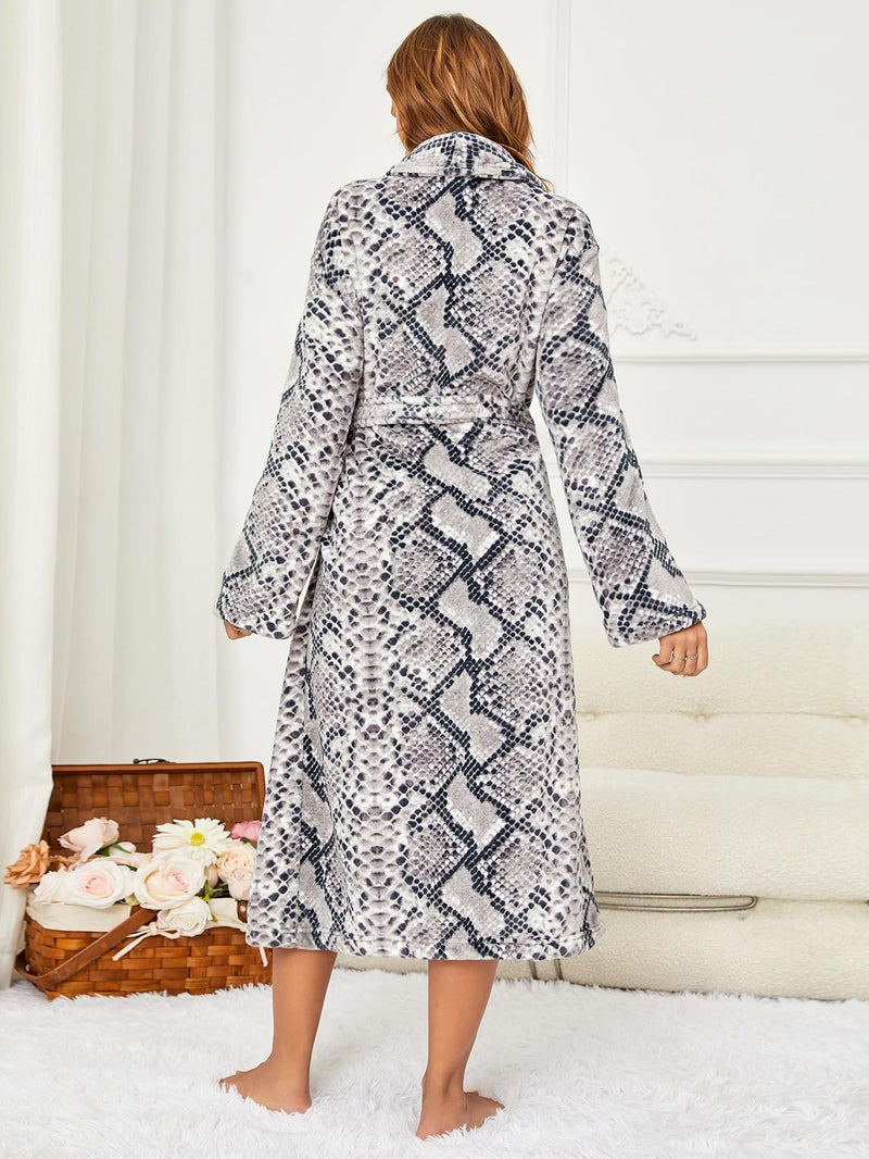 RONGTAI Fleece Robes for Women Plush Soft Warm Long Bathrobe with Pockets (Small,Python) - Image 2