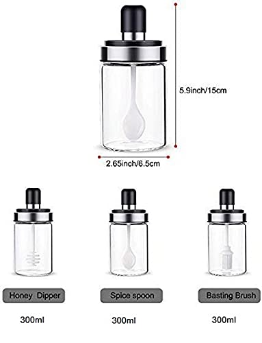 GALV Borosilicate Glass Food Storage Spice Salt Sugar Condiment Jar with Spoon and Olive Oil Bottle with Brush Combo for Kitchen Transparent Set of 3 - Image 2