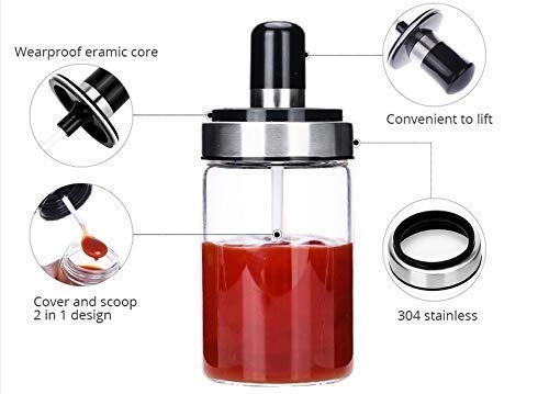 GALV Borosilicate Glass Food Storage Spice Salt Sugar Condiment Jar with Spoon and Olive Oil Bottle with Brush Combo for Kitchen Transparent Set of 3 - Image 3