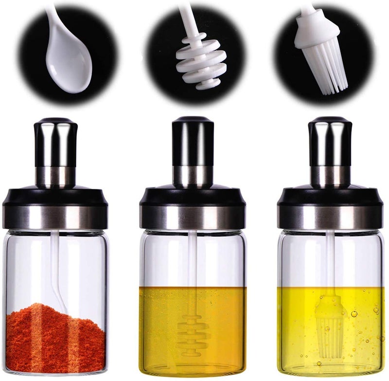 GALV Borosilicate Glass Food Storage Spice Salt Sugar Condiment Jar with Spoon and Olive Oil Bottle with Brush Combo for Kitchen Transparent Set of 3 - Image 1