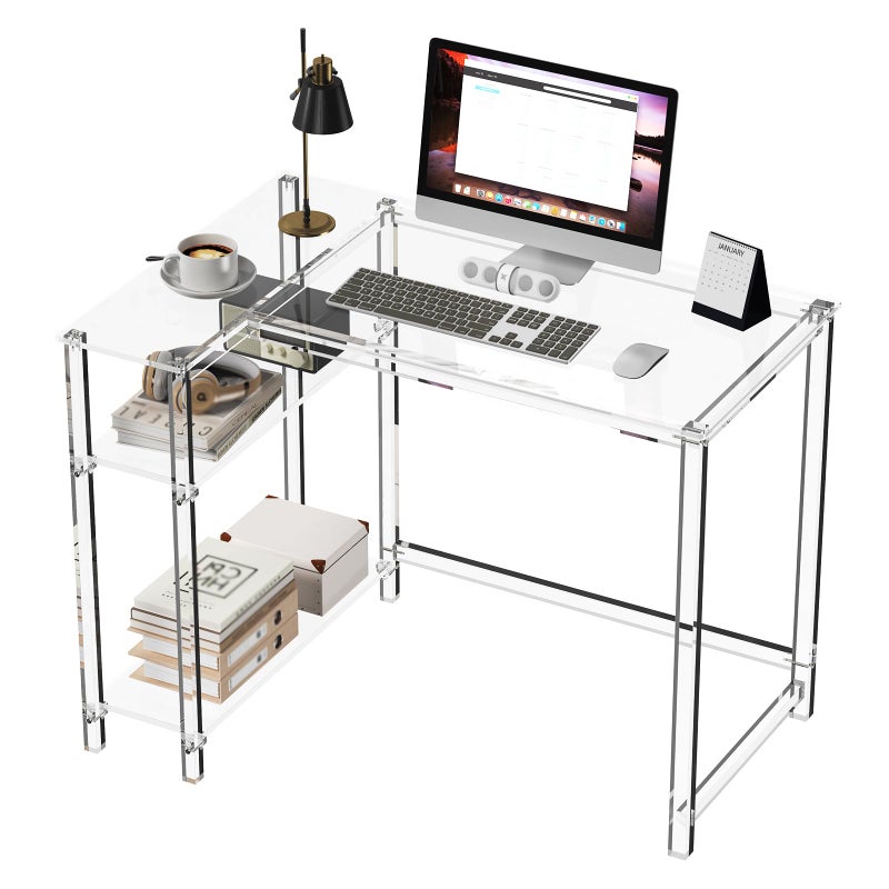 Eglaf Acrylic LShaped Desk  Clear Desk with Reversible Storage Shelves  Modern Home Office Desk Corner Desk for Study Writing Rectangular Legs Easy Assembly 394 L x 27W x 295 H