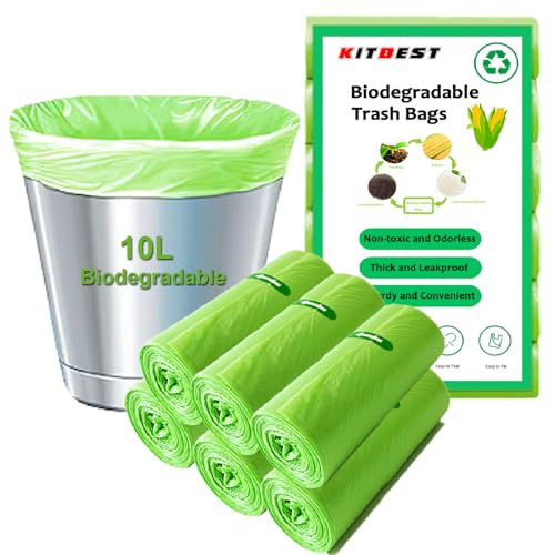 Kitbest Biodegradable Bin Bags Liner 120 Counts, 10L Food Waste Bags Trash Bag Small, 10 Litre Compostable Compost Caddy Liners, Recycled Degradable Rubbish Garbage Bag for Kitchen Office, Green. 45 x 50cm - Image 1