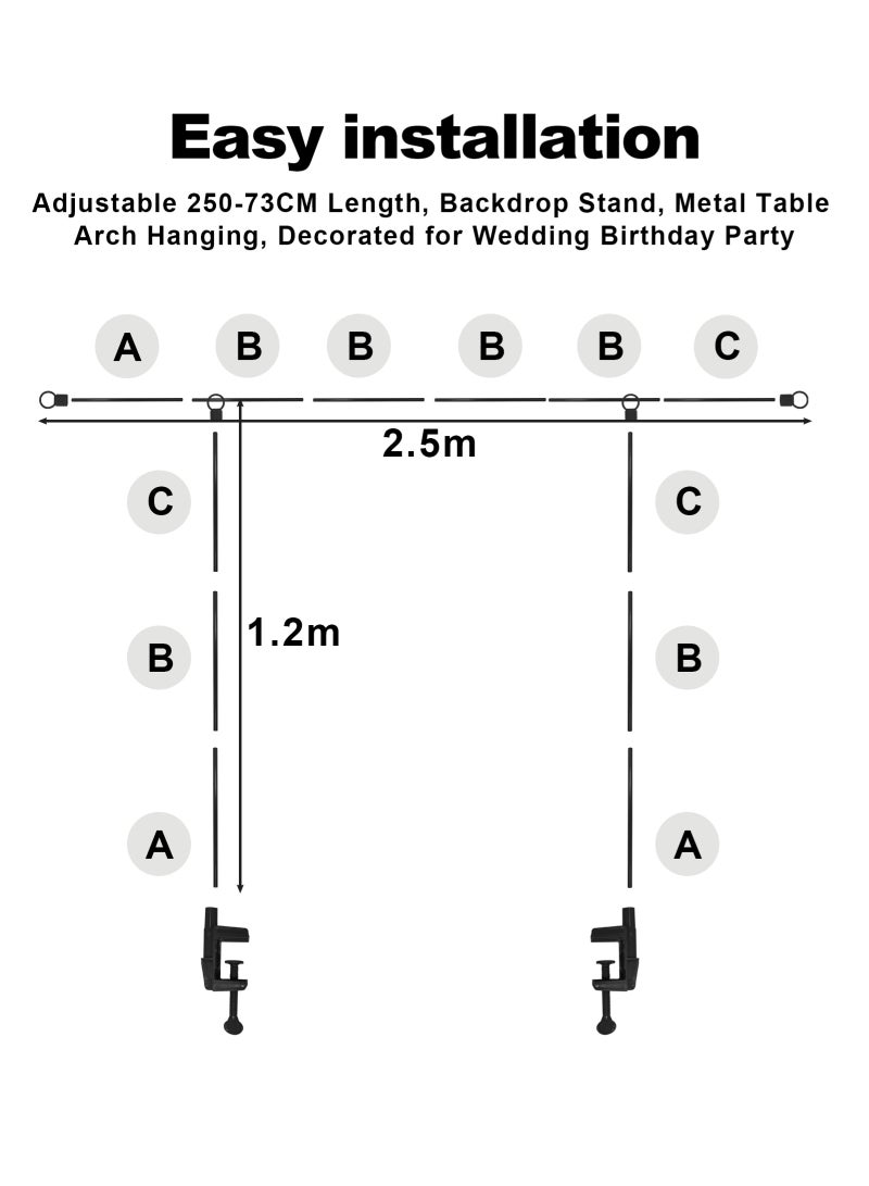 أوربازار حامل قضيب طاولة مع مشابك، قابل للتعديل، ارتفاع ١٢٠-٨٥ سم، طول ٢٥٠-٨٣ سم، حامل قوس بالونات، مناسب لحفلات الزفاف وأعياد الميلاد والذكرى السنوية. - Image 3