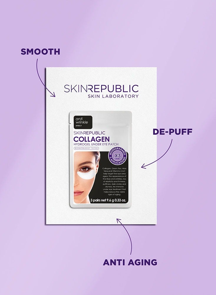 SKIN REPUBLIC Collagen Hydrogel Under Eye Patches (9 Pairs) – Eye Mask with Green Tea & Aloe Vera, Reduces Wrinkles, Puffiness & Dark Circles, Hydrates, Repairs Skin & Protects from Free Radicals  - Image 3