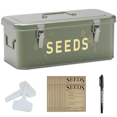 Orionstar Seed Storage Organizer, Metal Seed Saving Box with Lid, Seed Bin with 30 Plant Labels 30 Seed Envelopes 1 Marker Pens, 4 Compartments Box with Safety Locks, Blackish Green - Image 1