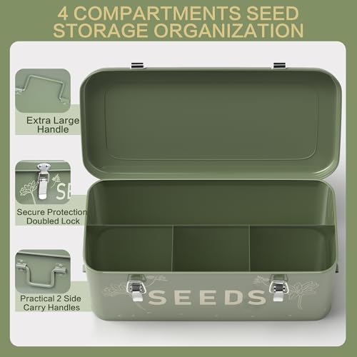 Orionstar Seed Storage Organizer, Metal Seed Saving Box with Lid, Seed Bin with 30 Plant Labels 30 Seed Envelopes 1 Marker Pens, 4 Compartments Box with Safety Locks, Blackish Green - Image 4