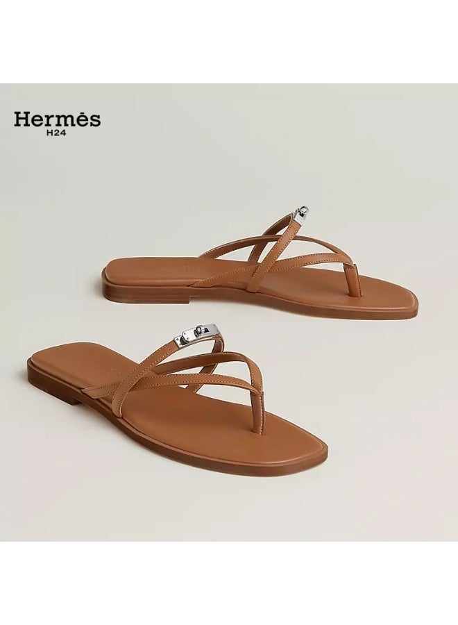 Hermes H24 صندل ”هيرميس H24 ميس“ من جلد العجل، بأشرطة متقاطعة ومشبك معدني، 0.6 سم، صيفي للنساء، بني - Image 1