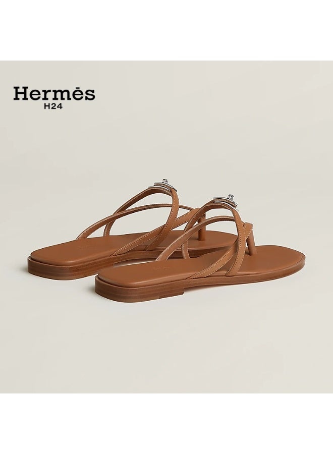 Hermes H24 صندل ”هيرميس H24 ميس“ من جلد العجل، بأشرطة متقاطعة ومشبك معدني، 0.6 سم، صيفي للنساء، بني - Image 3