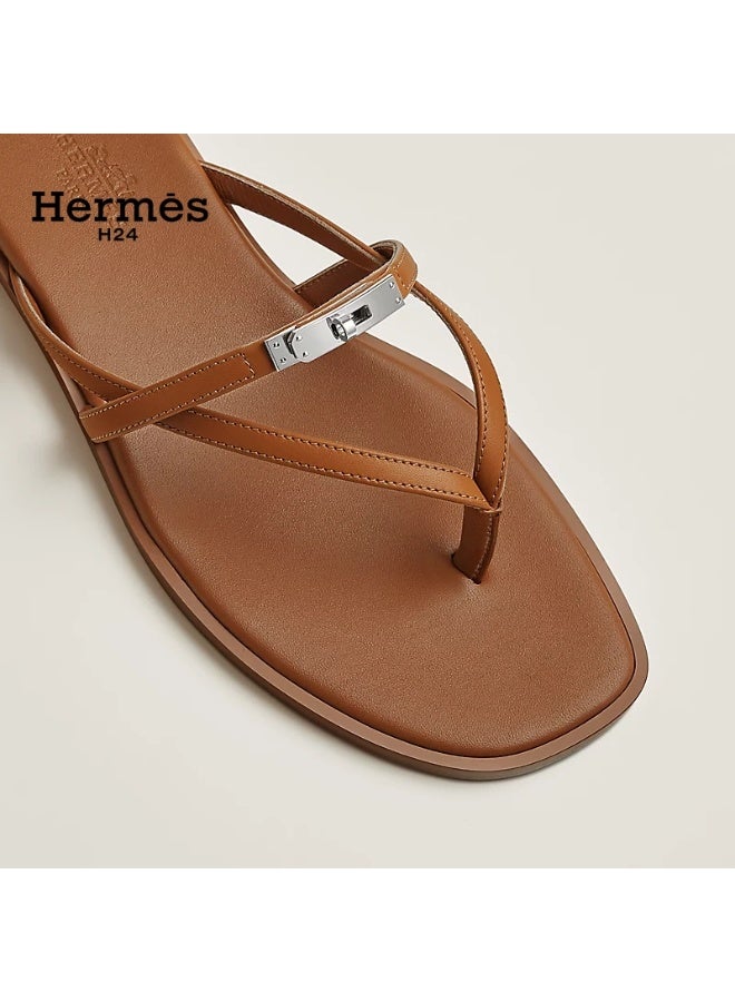 Hermes H24 صندل ”هيرميس H24 ميس“ من جلد العجل، بأشرطة متقاطعة ومشبك معدني، 0.6 سم، صيفي للنساء، بني - Image 4