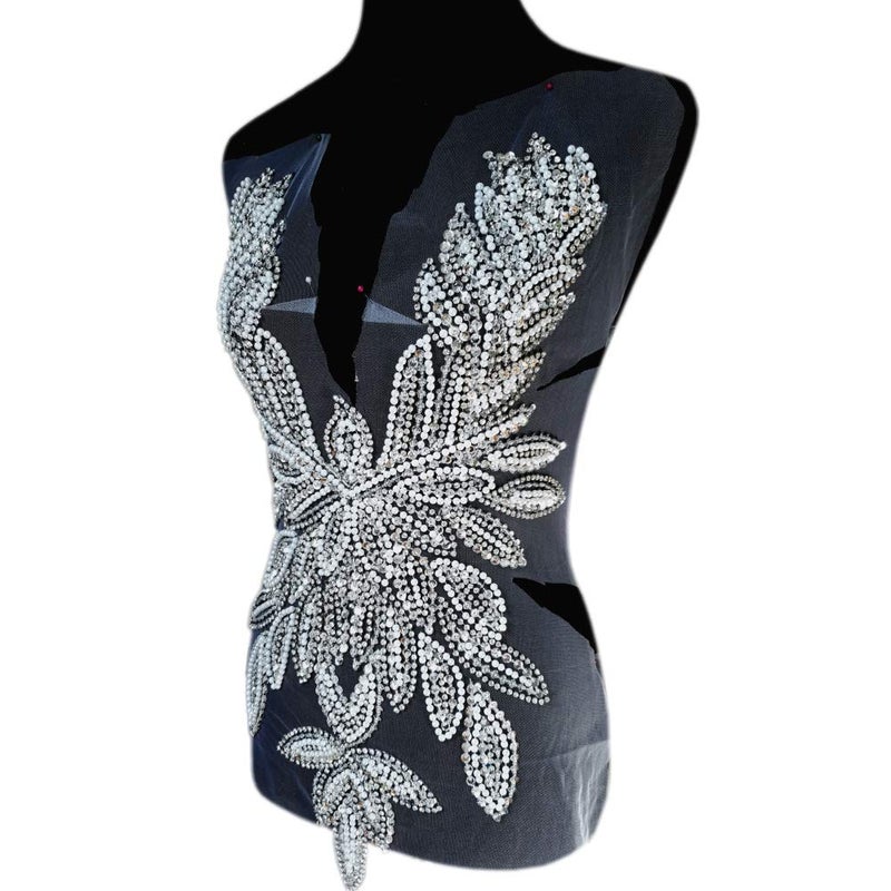 succi shan Rhinestone Applique Crystals Patches Silver Sequins Pearl Beads Special Design Front Panel Sewing for Evening Prom Dress Accessory Silver 