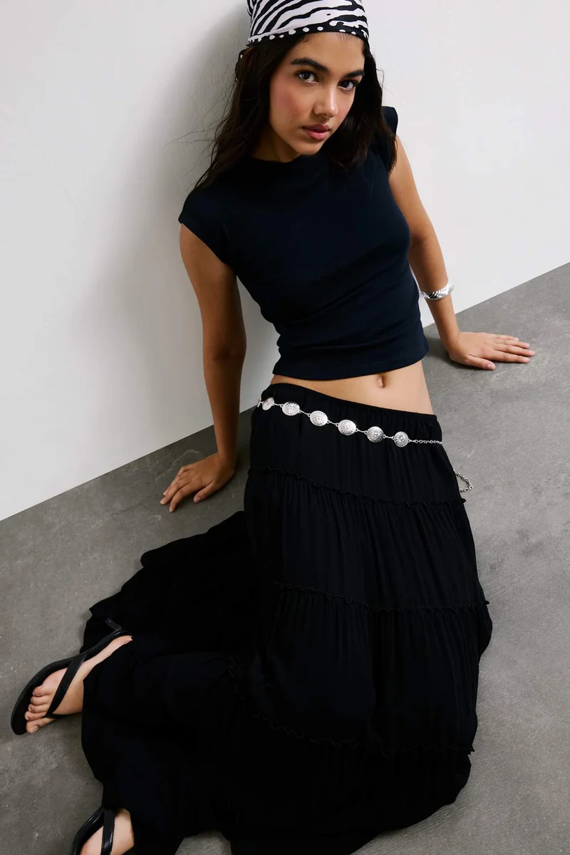 ديفاكتو Crinkle Viscose Normal Waist Maxi Skirt