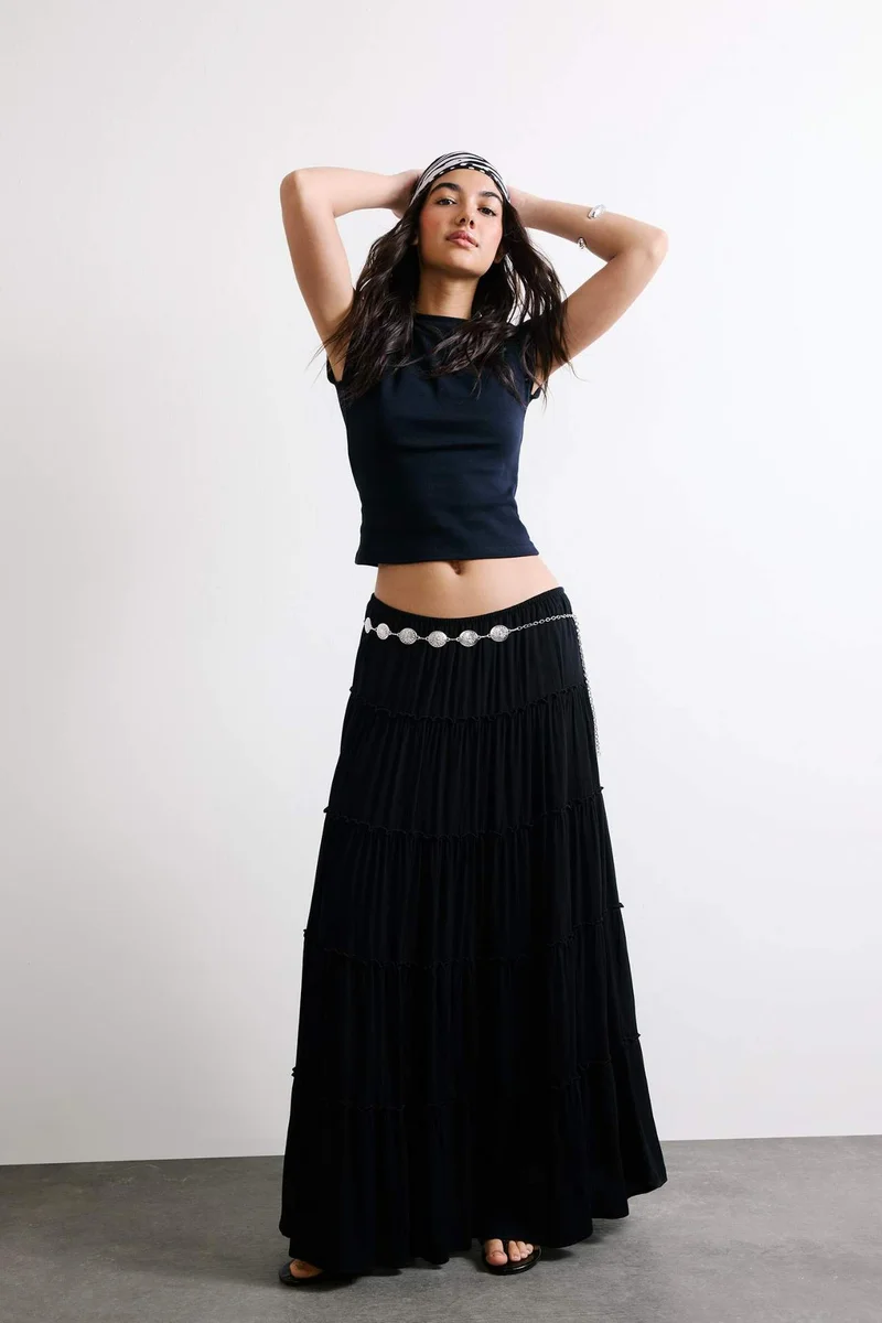 ديفاكتو Crinkle Viscose Normal Waist Maxi Skirt