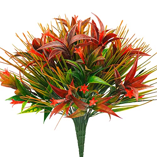Uieke 6Pcs Outdoor Artificial Plants UV Resistant, Fake Morning Glory Flowers with Orange Grass, Tropical Flowers Fall Leaves Foliage for Garden Patio Sidewalk Décor Red - Image 1