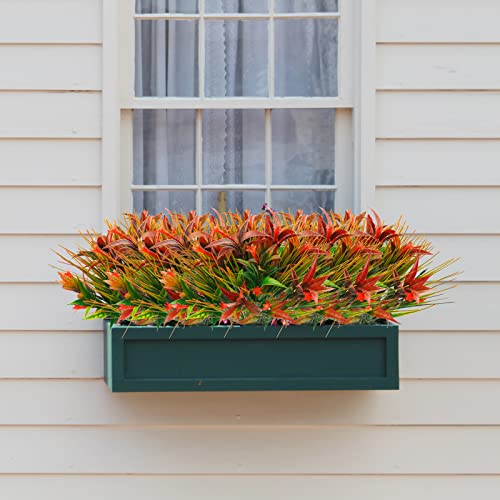 Uieke 6Pcs Outdoor Artificial Plants UV Resistant, Fake Morning Glory Flowers with Orange Grass, Tropical Flowers Fall Leaves Foliage for Garden Patio Sidewalk Décor Red - Image 3