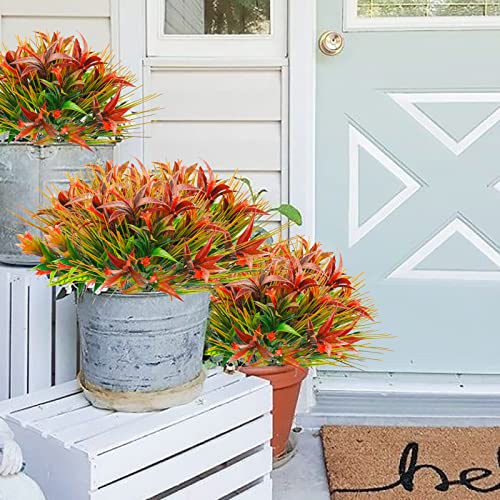 Uieke 6Pcs Outdoor Artificial Plants UV Resistant, Fake Morning Glory Flowers with Orange Grass, Tropical Flowers Fall Leaves Foliage for Garden Patio Sidewalk Décor Red - Image 2