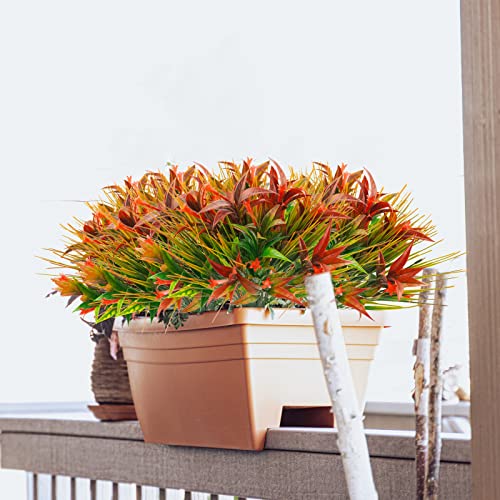 Uieke 6Pcs Outdoor Artificial Plants UV Resistant, Fake Morning Glory Flowers with Orange Grass, Tropical Flowers Fall Leaves Foliage for Garden Patio Sidewalk Décor Red - Image 5