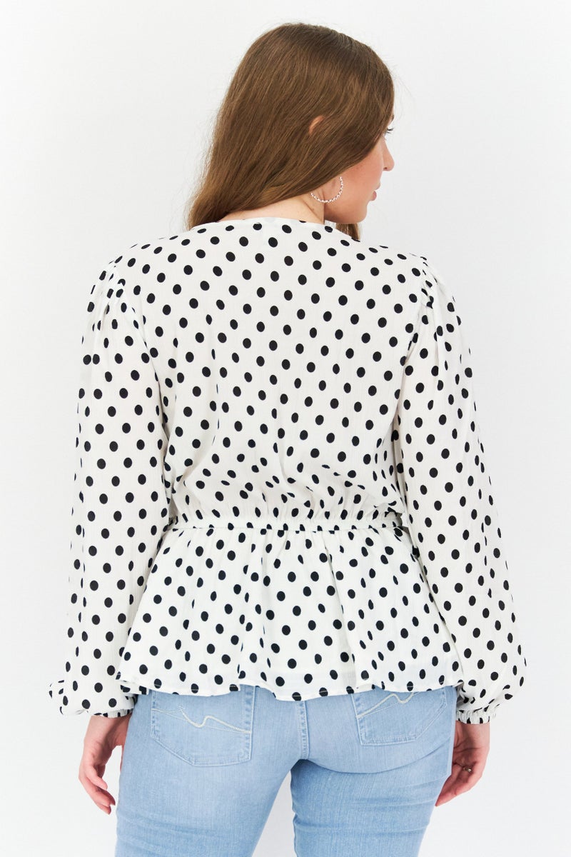 RIVER ISLAND Women V-Neck Long Sleeve Polka Dots Tops, White Combo - Image 4