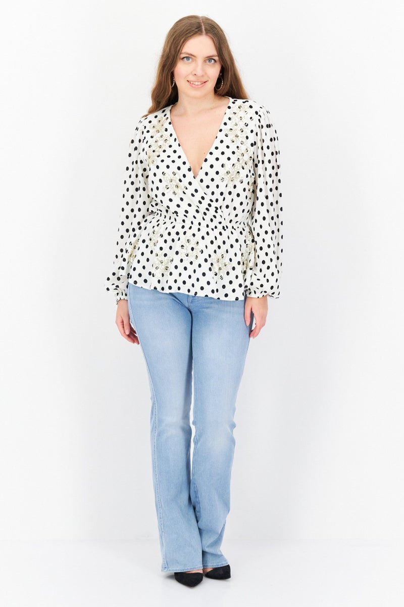 RIVER ISLAND Women V-Neck Long Sleeve Polka Dots Tops, White Combo - Image 3